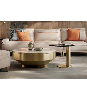 Gold Shade Round Marble Top Coffee Table and Tempered Glass Top Side Table with Stainless Steel Legs - Evelyn